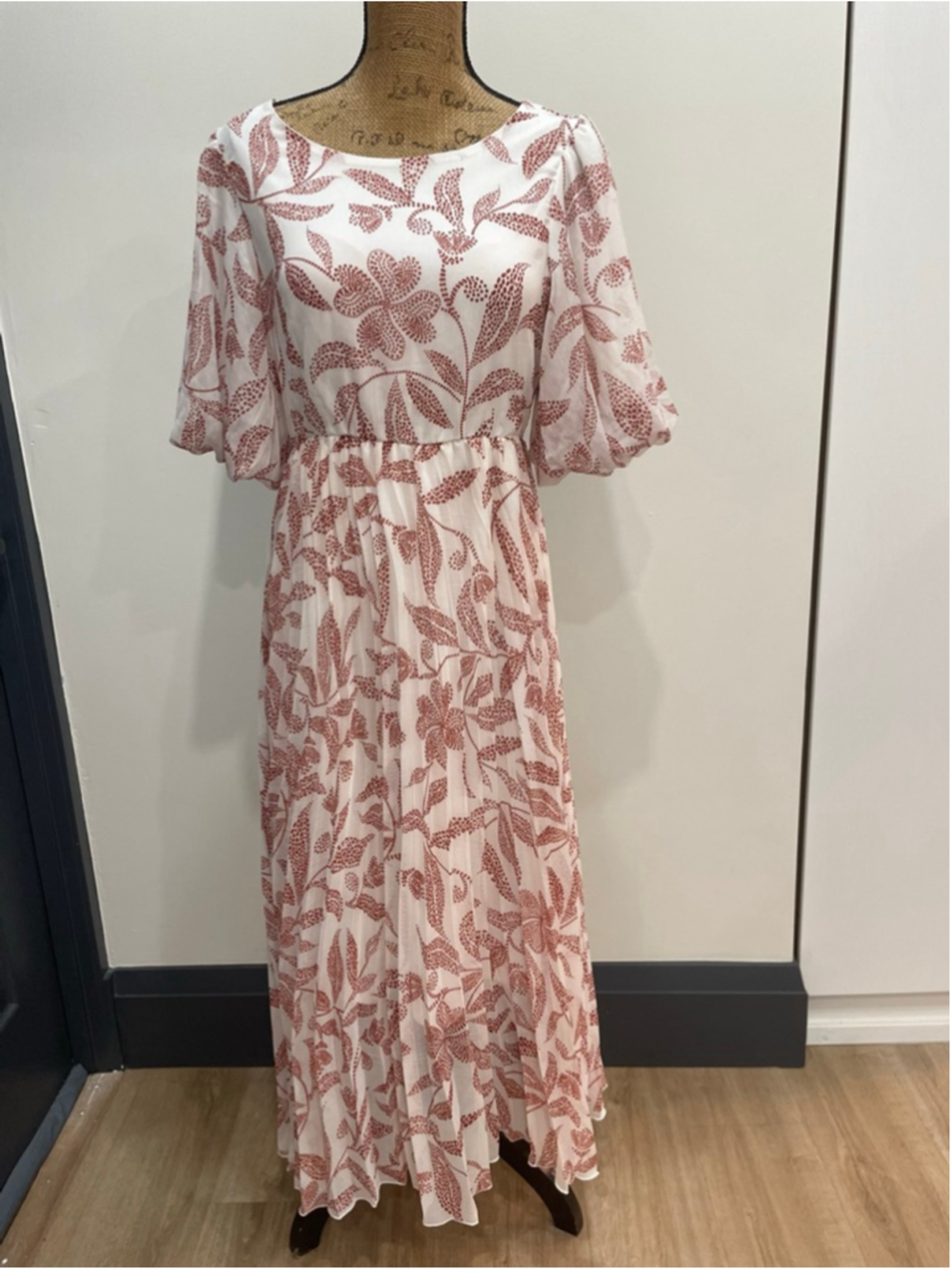Fig Puff Sleeve Pleated Leaf Print Maxi Dress L Garden Party